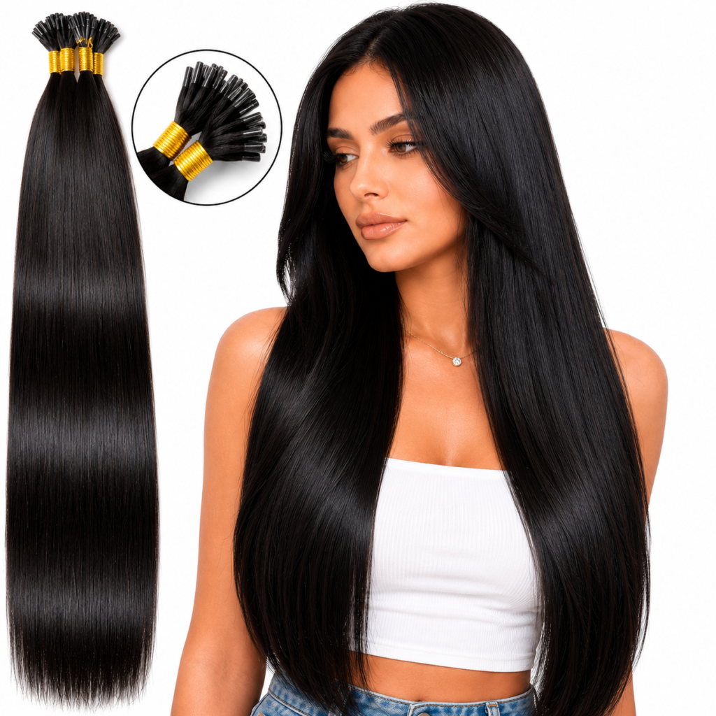 Premium Remy Human Hair I-Tip Extensions | Natural Black | Keratin Bond Stick Hair Extensions | Double Drawn Hair