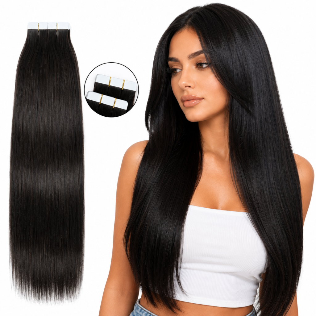 100% Remy Human Hair Tape-In Extensions | Natural Black | Double Drawn | Seamless Invisible Tape Hair Extensions