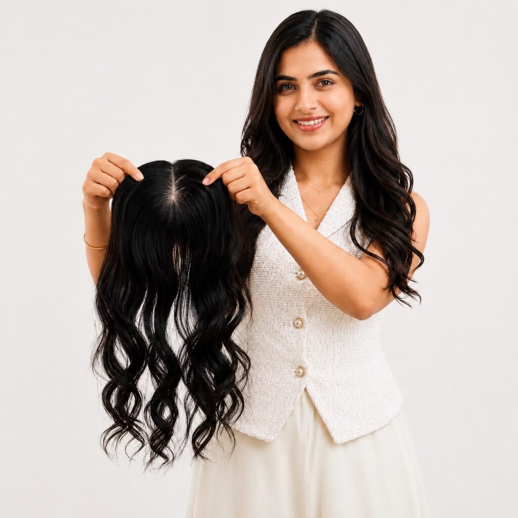 Indian Human Hair Topper for Women | Natural Black Clip-In Wig Topper with Natural Scalp Look