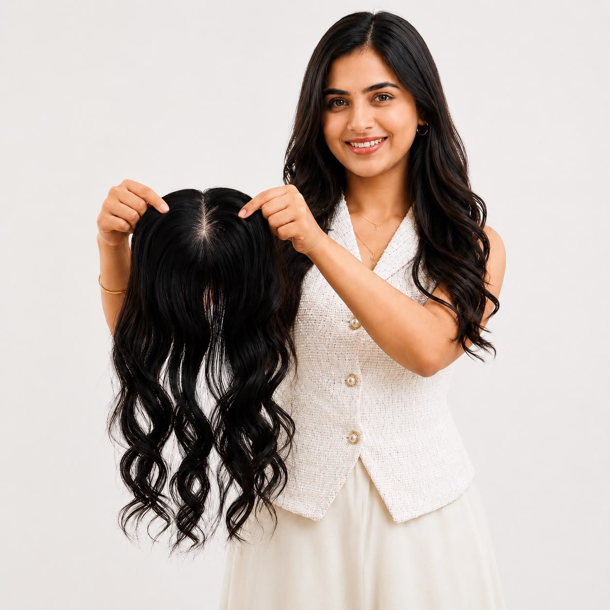 Indian Human Hair Topper for Women | Natural Black Clip-In Wig Topper with Natural Scalp Look