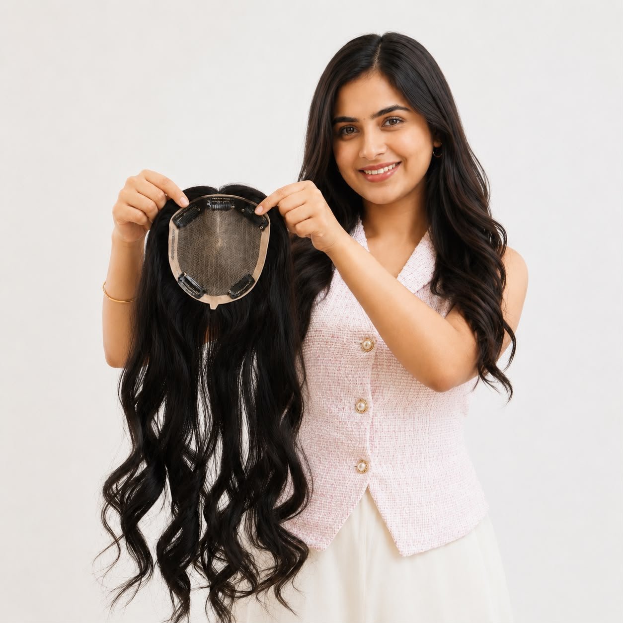 Indian Human Hair Topper for Women | Natural Black Clip-In Wig Topper with Natural Scalp Look - Image 2
